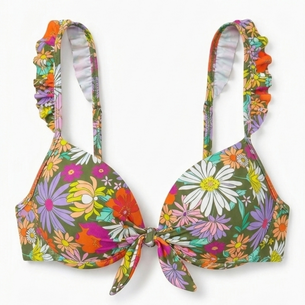 NWT Salt + Cove Floral Ruffle Strap Push Up Underwire Bikini Top Size L Retro